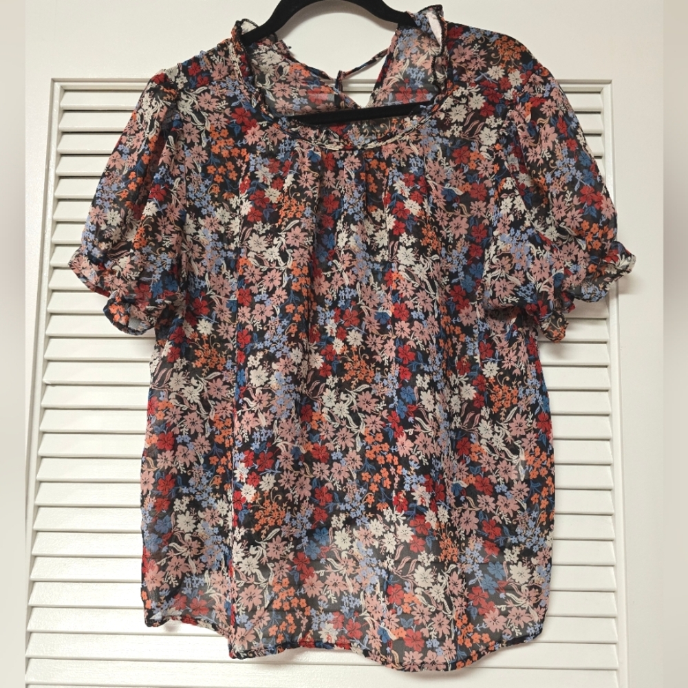 Daily Special - Floral Lightweight Sheer Short-Sleeve Top With Ribbon